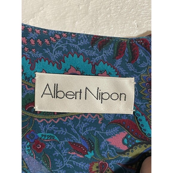 Vintage Albert Nipon Silk Midi Dress Blue Floral Paisley Pleated 90s Size 2 - Picture 8 of 15